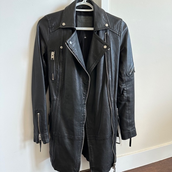 AllSaints Asker black Leather biker jacket trench leather jacket size 0 - Picture 5 of 14